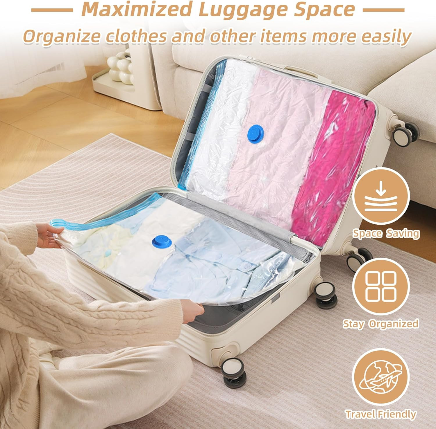 Travel Vacuum Bags with Rechargeable Pump6 Pack White