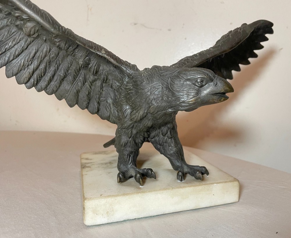 antique solid bronze marble open winged American bald eagle statue sculpture