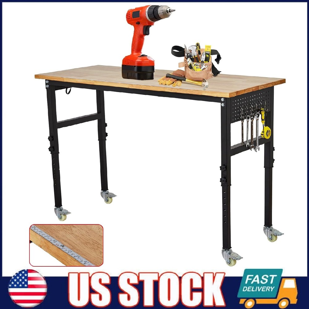 60" Adjustable Workbench 2000Lbs Work Bench Table with Casters & Power Outlets