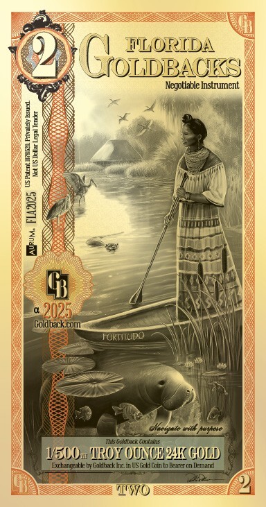 Florida 2 Goldback 2025 Gold Foil Note 1/500th oz 24KT Currency Bullion