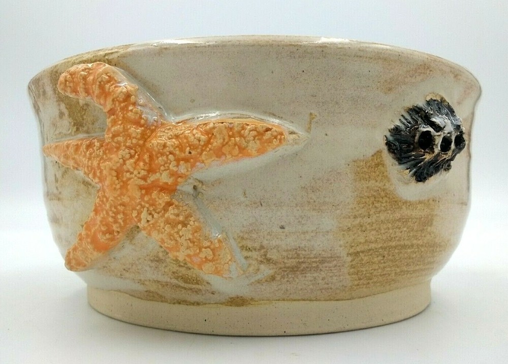 Handmade Studio Art Clay Pottery Decorative Bowl Starfish Barnacles Ocean Life