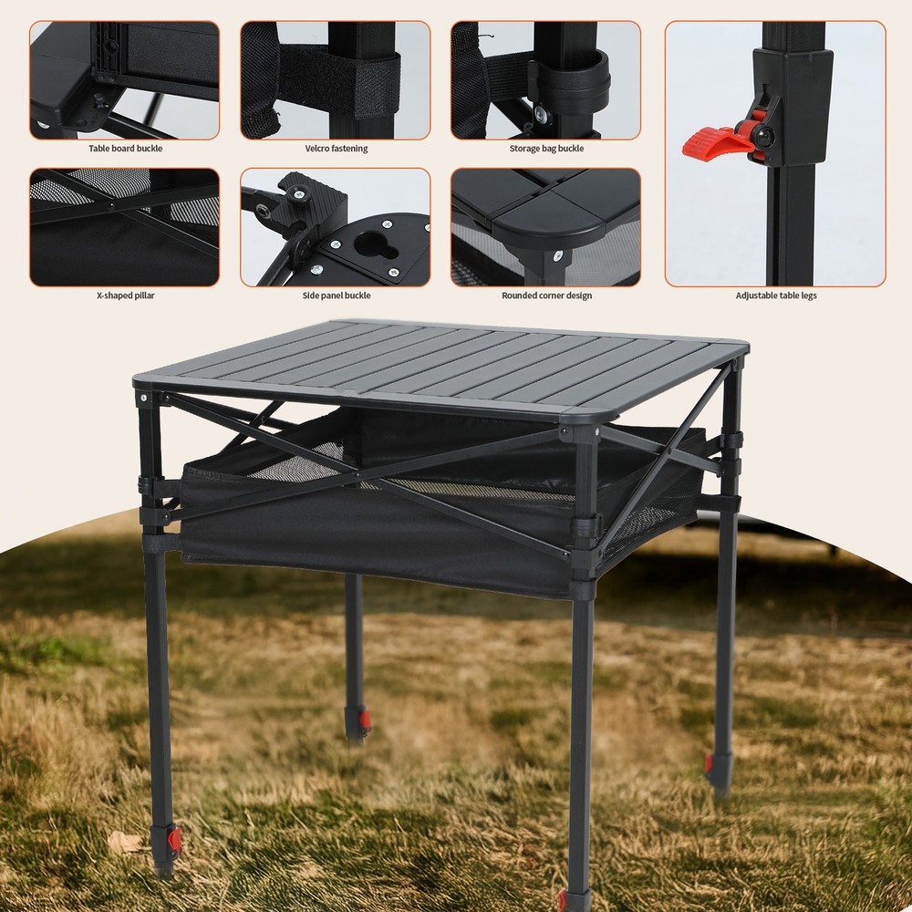 Portable Folding Camping Table with Adjustable Height Roll-Up Top & Carry Bag