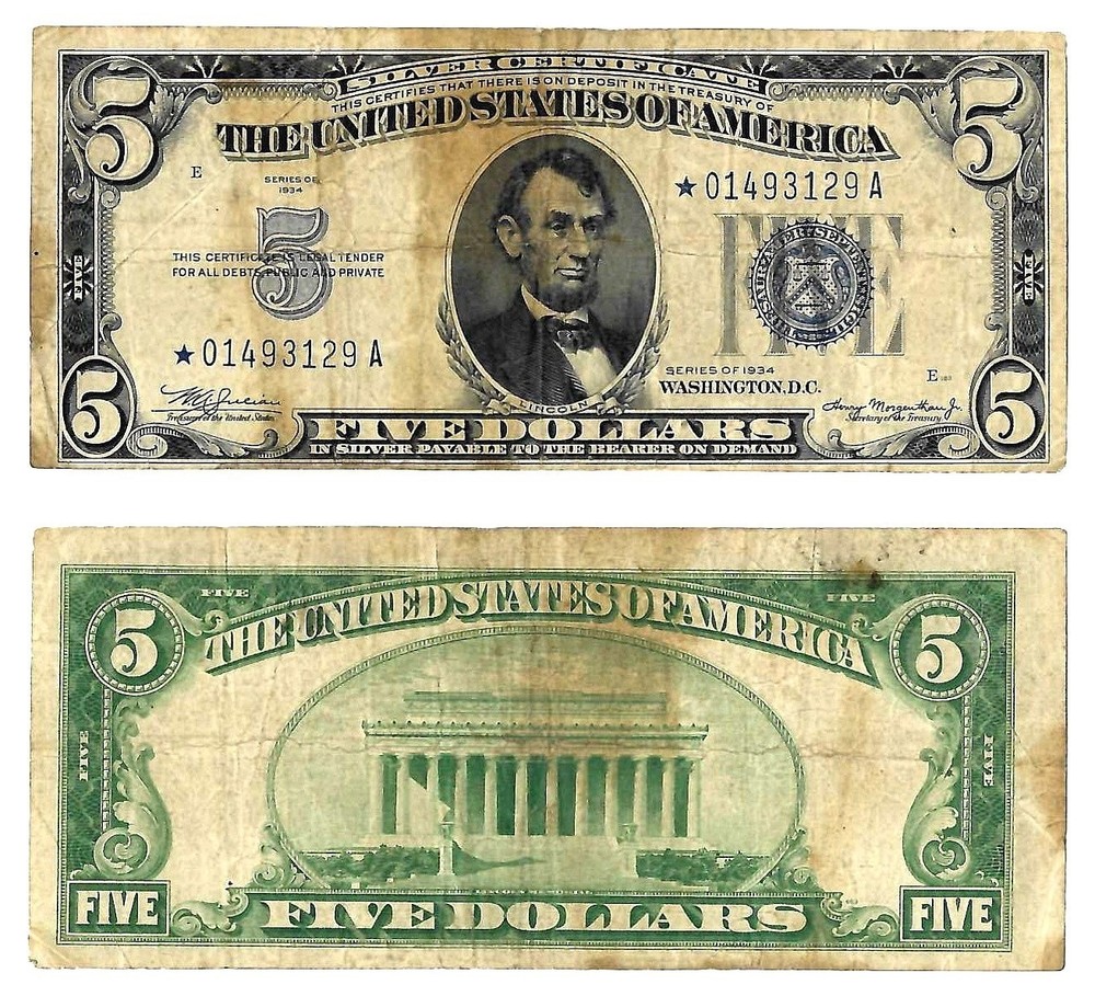 1934 $5 Silver Certificate Star Note Fr. 1650* Circ. #3129
