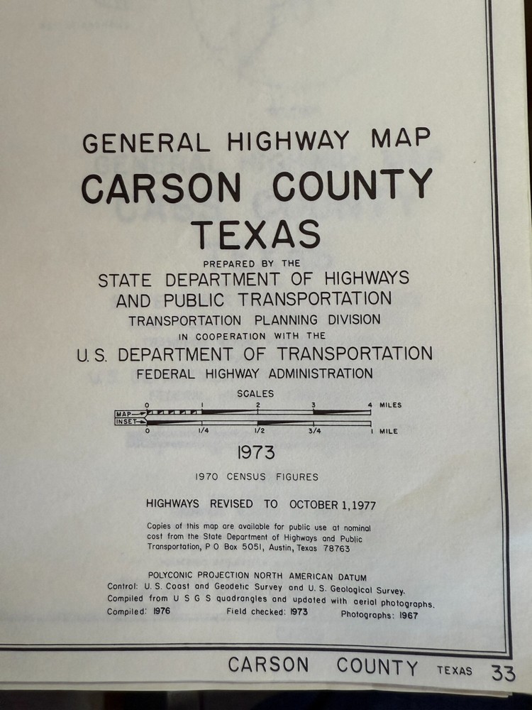 1973 Texas CARSON County General Highway Map 18" x 25" Folded USDOT