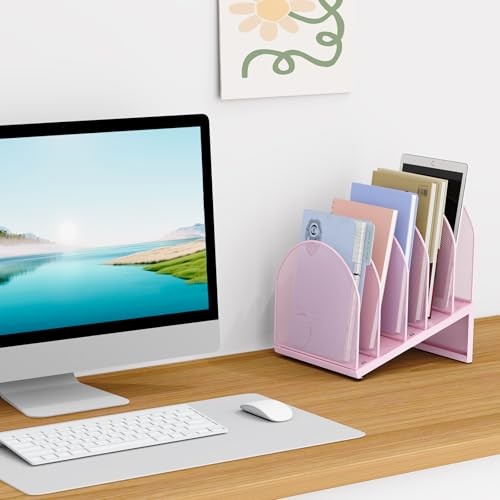 5-Section Desk File Organizer, Metal Mesh Folder Organizer for Documents, Pink