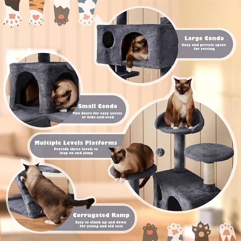 Multi-Level Cat Activity Playground W/ Scratching Posts Condos & Dangling Balls