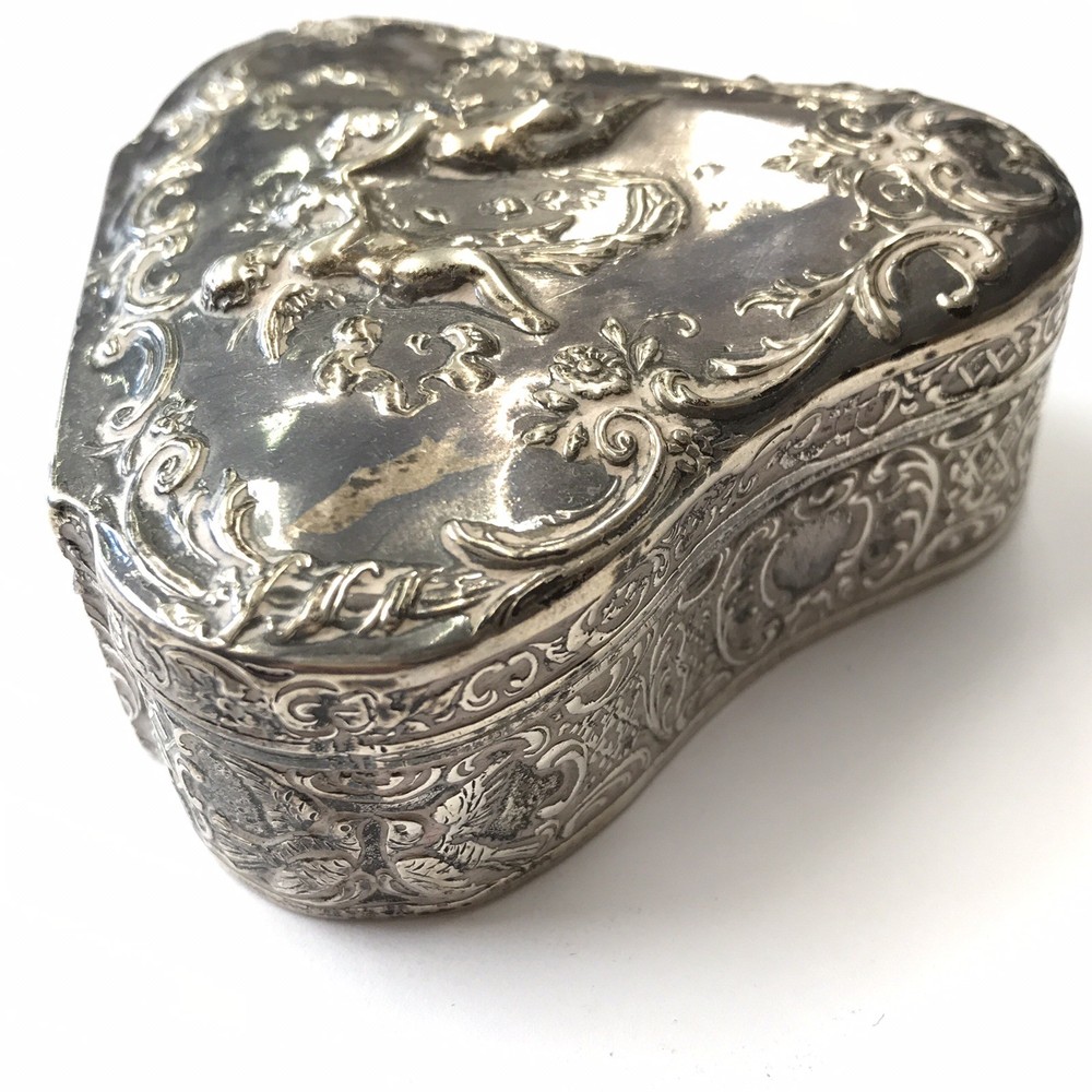 Antique Solid Silver Trinket Box Embossed Cherub Design Berthold Muller 1902