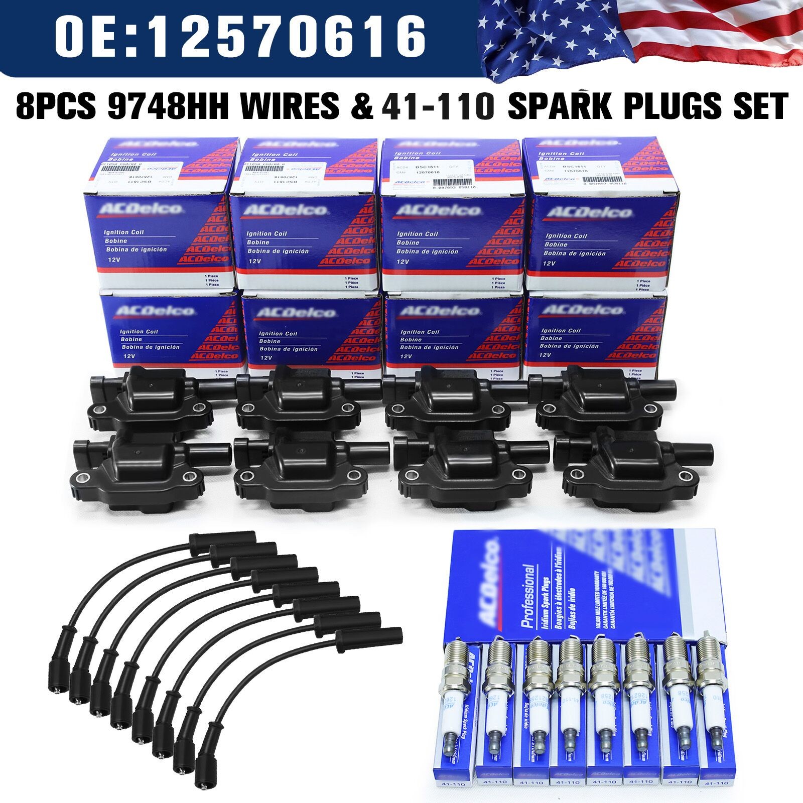 8 Set Genuine OEM UF413 Ignition Coil & 41-110 Spark Plug + 9748UU Wire Fit GMC~