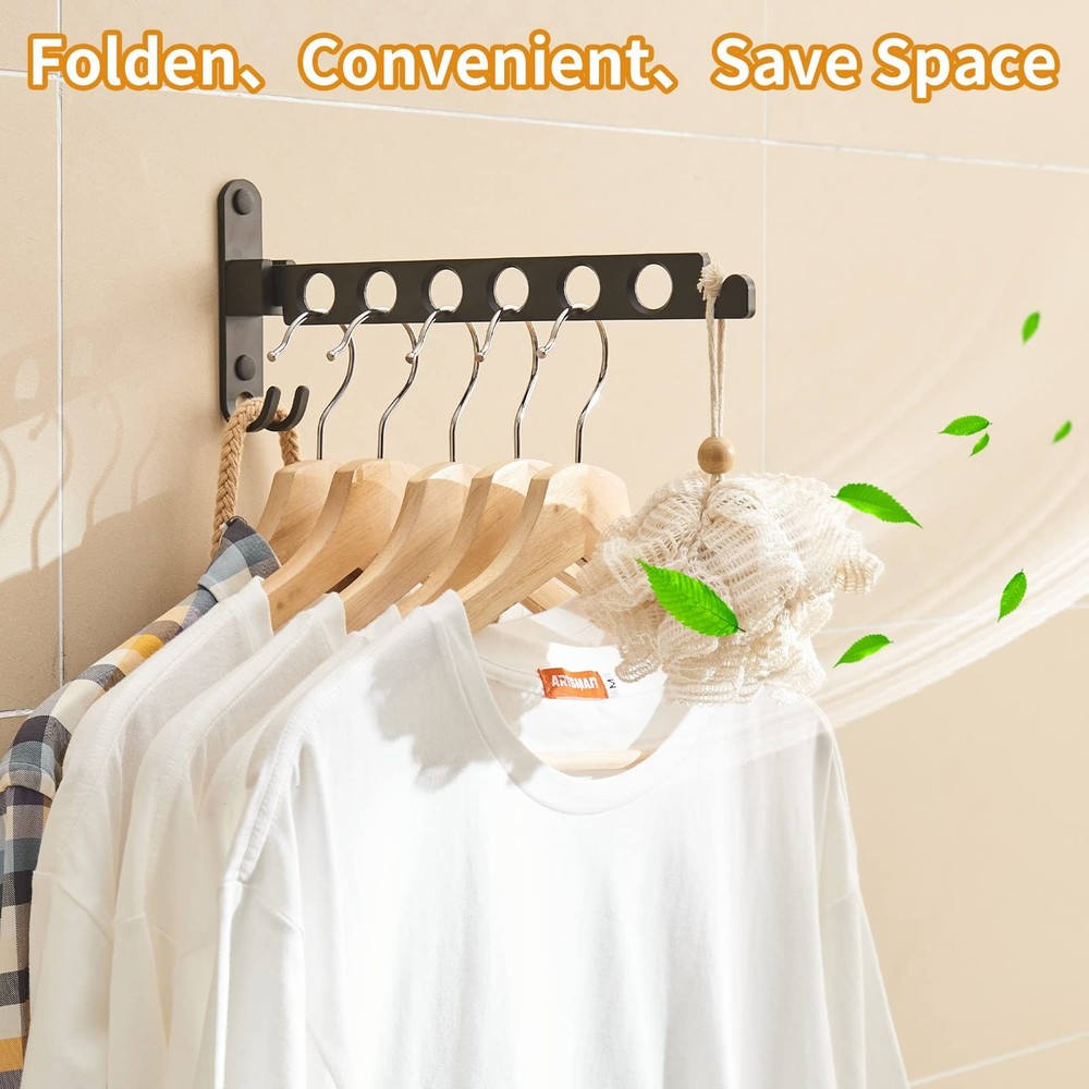 JOOM Retractable Folding Wall Mounted Clothes Hanger One pack, Matte Black