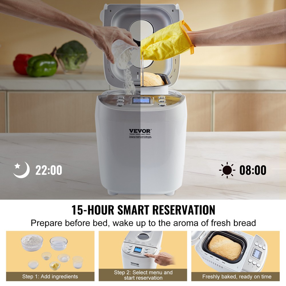 VEVOR 3LB 15-in-1 Bread Maker Automatic Compact Dough Machine Nonstick White