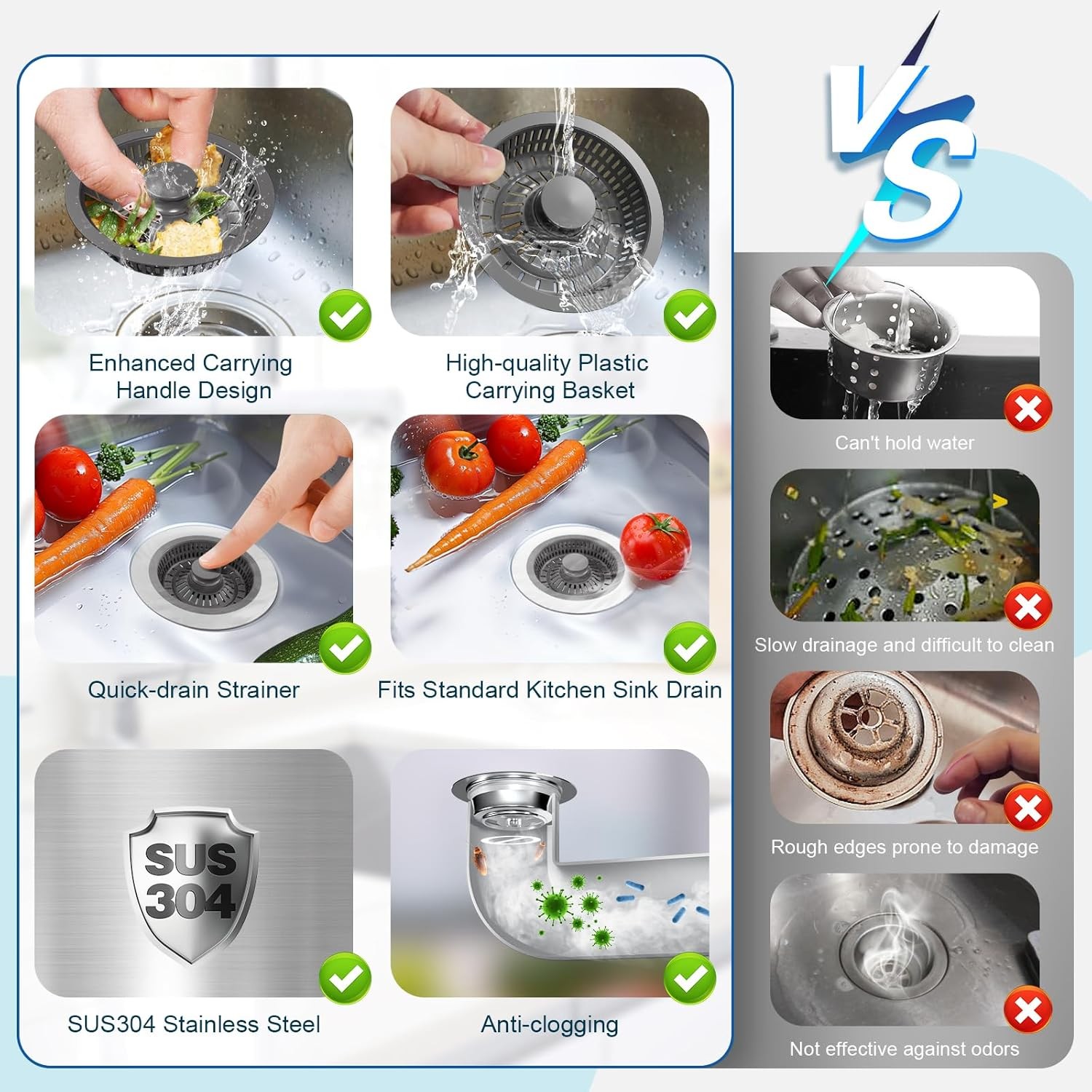 3in1 Kitchen Sink Drain Strainer & Sink Stopper,304 Stainless Sink Drain Stopper