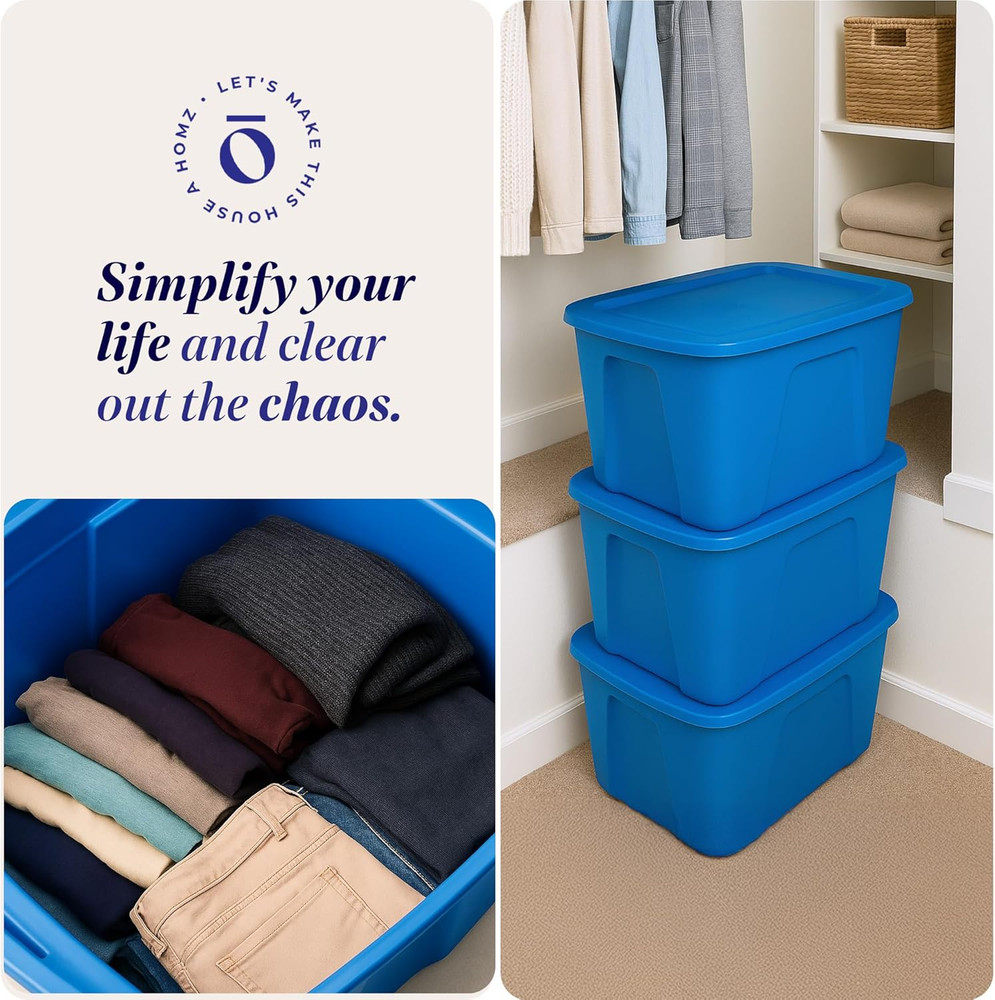 4-Pack Durable Molded Bin, Plastic Storage Containers W/Lids, 18 Gallon, Blue -
