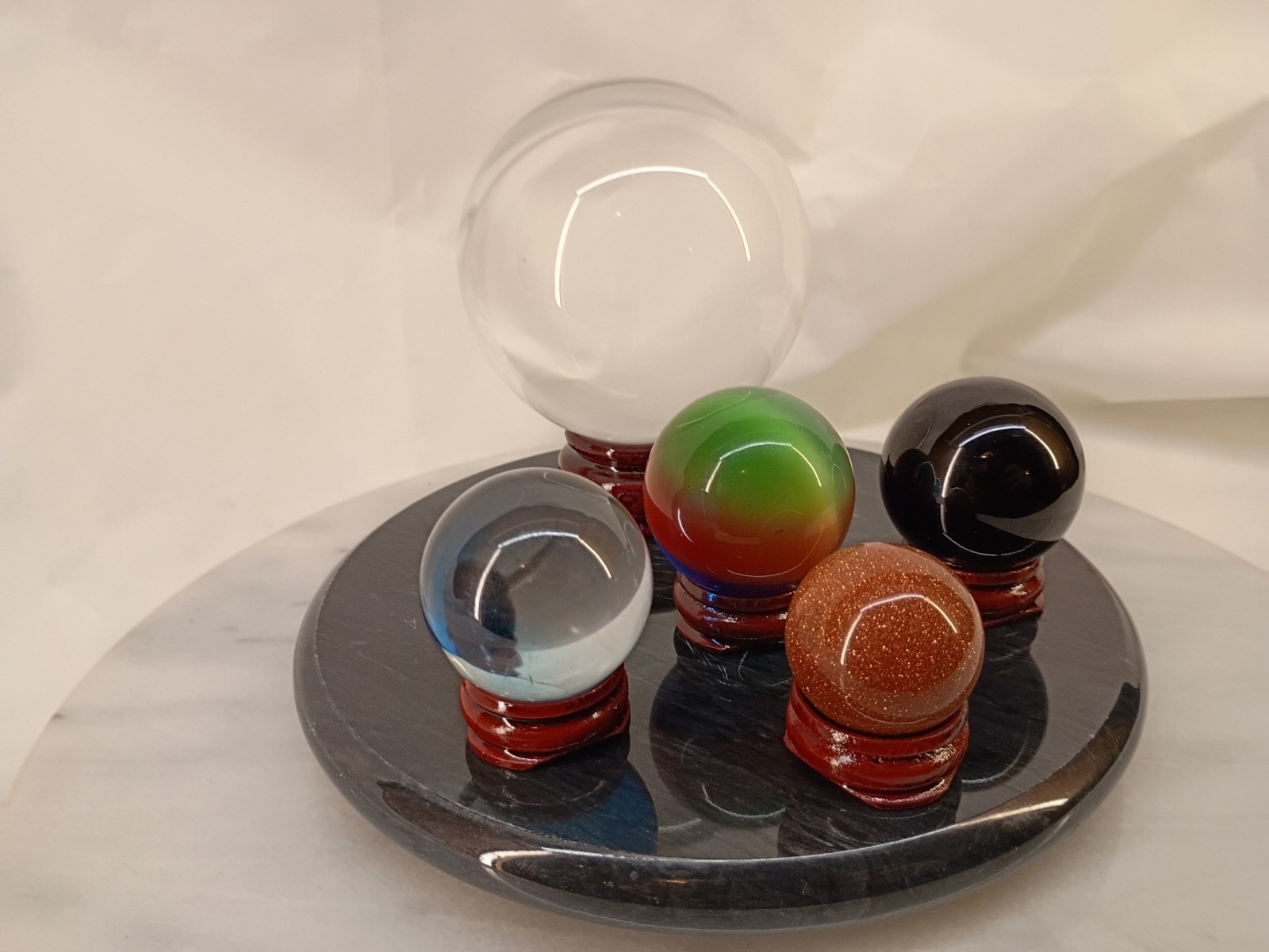 Lot Of 5 Glass Orbs Marbles With Stands And Marble Base Meditation Healing