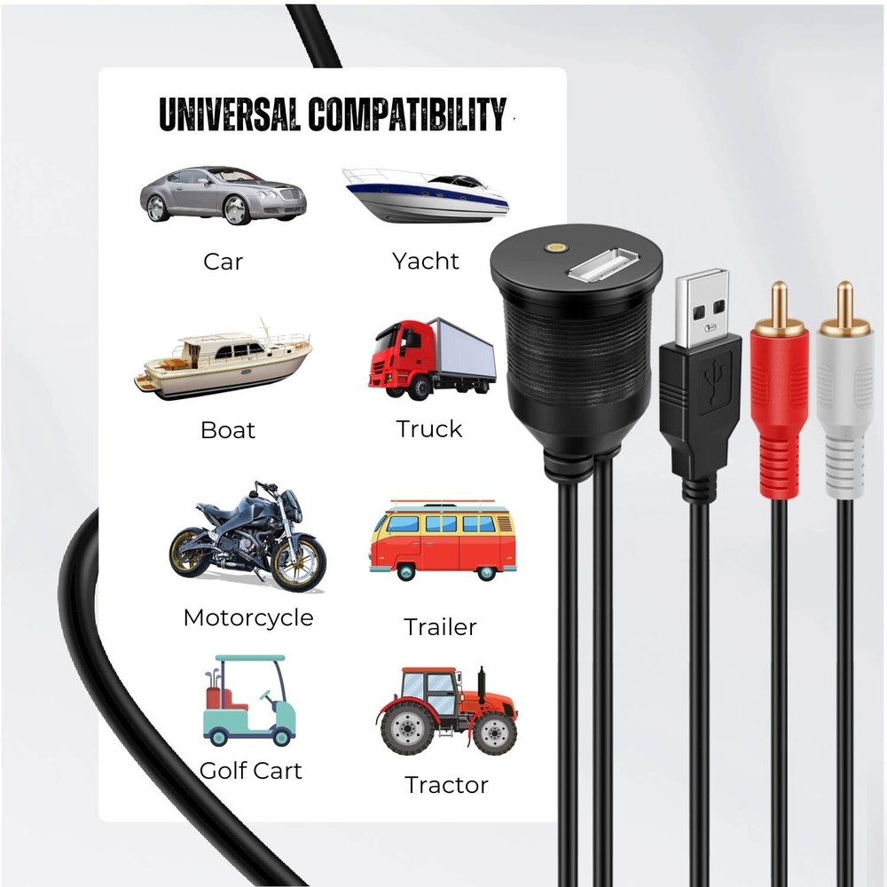 TNP USB RCA Flush Mount Cable - Dashboard Panel Dash 6 ft, Black, Round