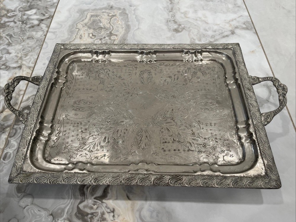 Vintage Towle Rectangular Silver Tray Platter Footed  25"x15" Scrollwork