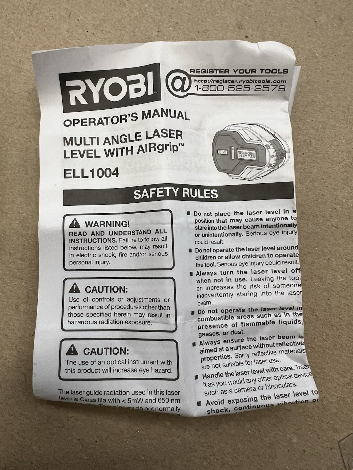 Ryobi AirGrip Technologies - AirGrip Laser Level 20' Model ELL 1004 Works Great