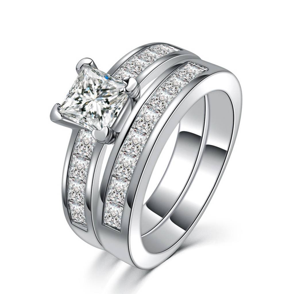 Princess Round Cut AAA CZ Stainless Steel Wedding Band Ring Set Women Size 6-10