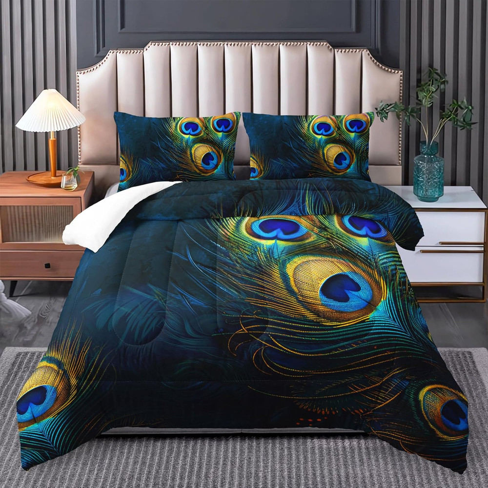 Queen Peacock Feather Comforter Set 3 Piece Boho Animal Print Bedding