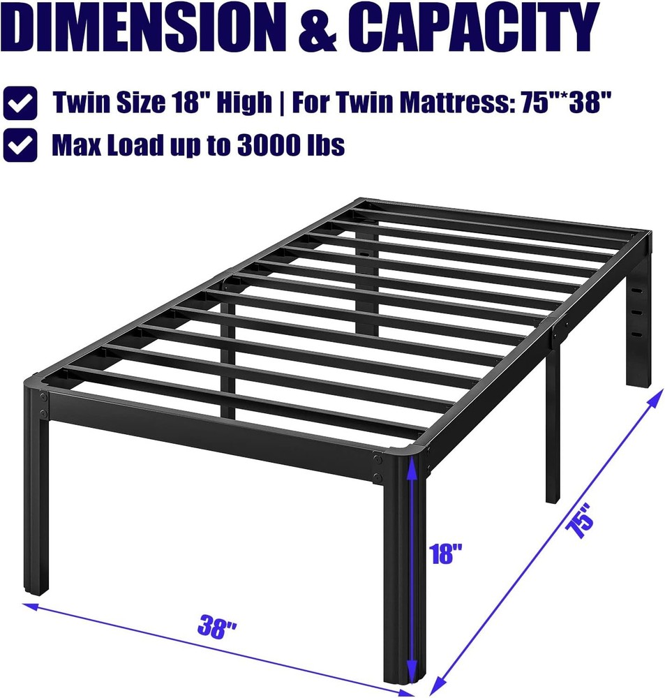 18in Heavy Duty Twin Bed Frame No Box Spring Needed Metal Platform Bed Frame