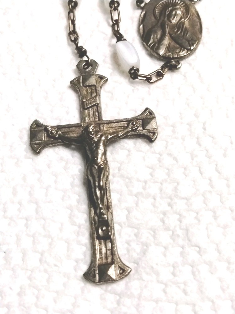 Antique White Glass Bead Rosary 1930's-40's Original Condition Italy