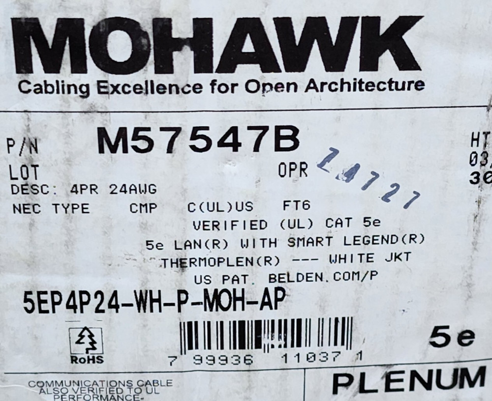 Belden Mohawk M57547 24/4P CAT5e LAN UTP Networking Cable Plenum White /100ft