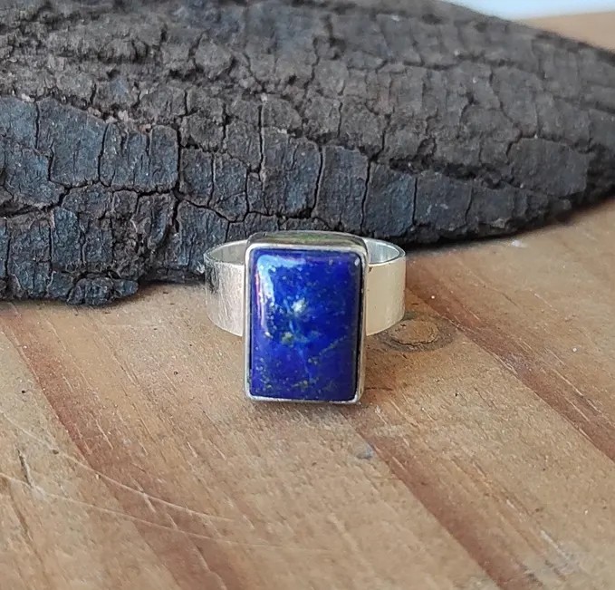 Solid 925 Sterling Silver Natural Lapis Lazuli Rectangle Gemstone Wide Band Ring