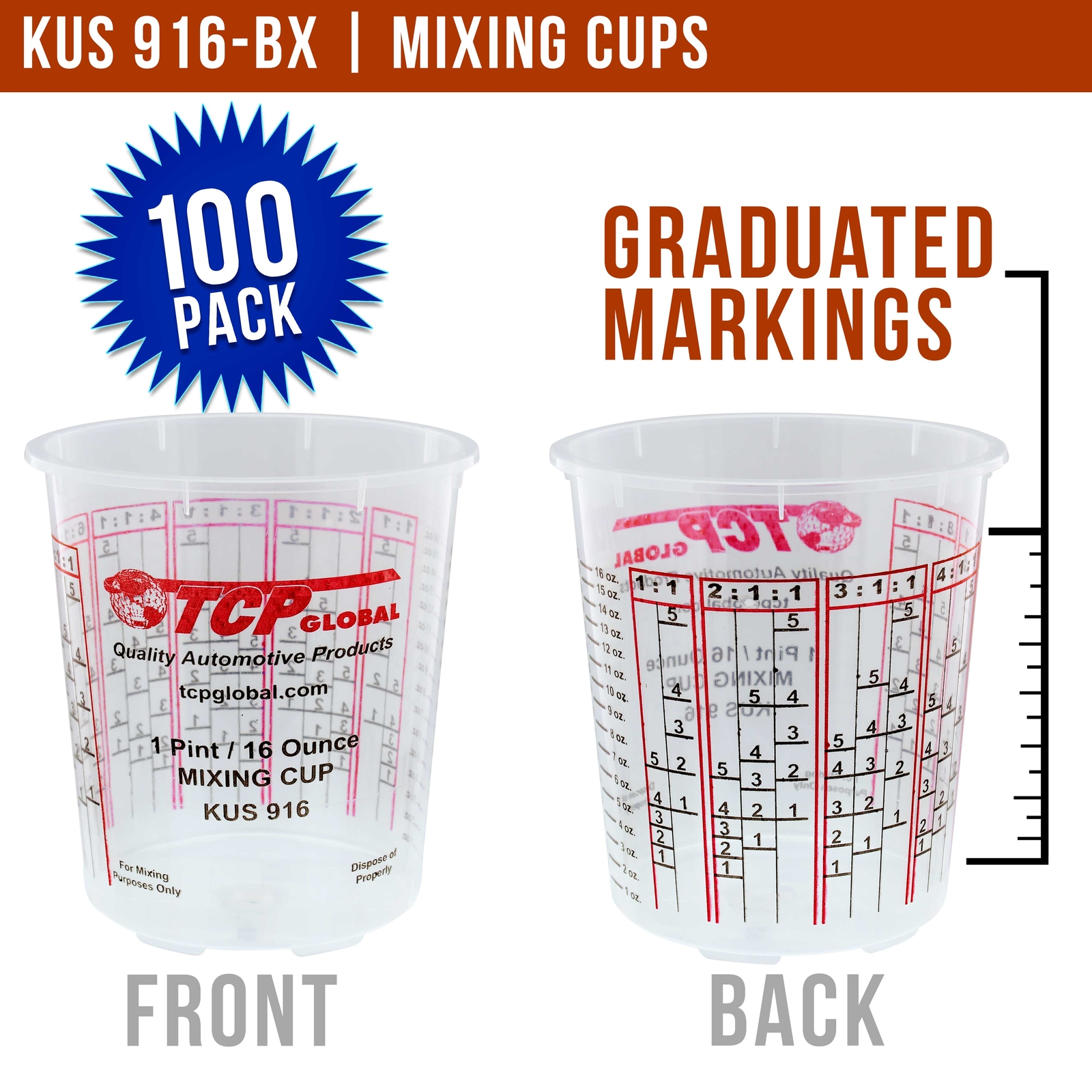 16-Ounce (1 Pint) Paint & Epoxy Mixing Cup Calibrated Ratios - 100 Cups/12 Lids