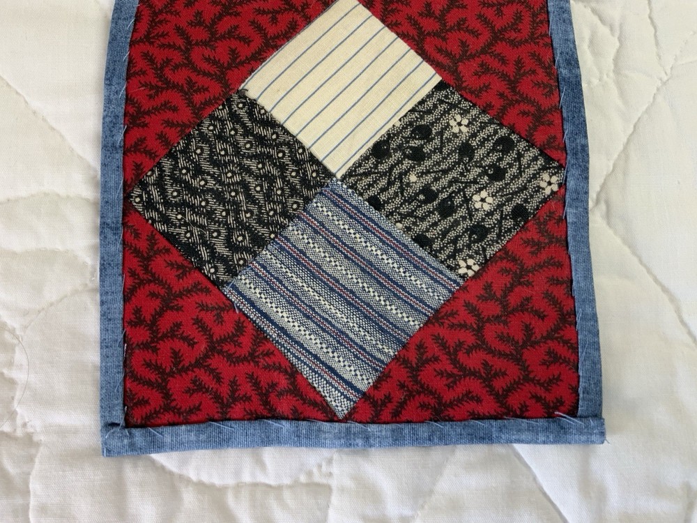 Antique Vintage Table Topper, Patchwork Quilt Top, Four Patch, Red, Blue, Mini