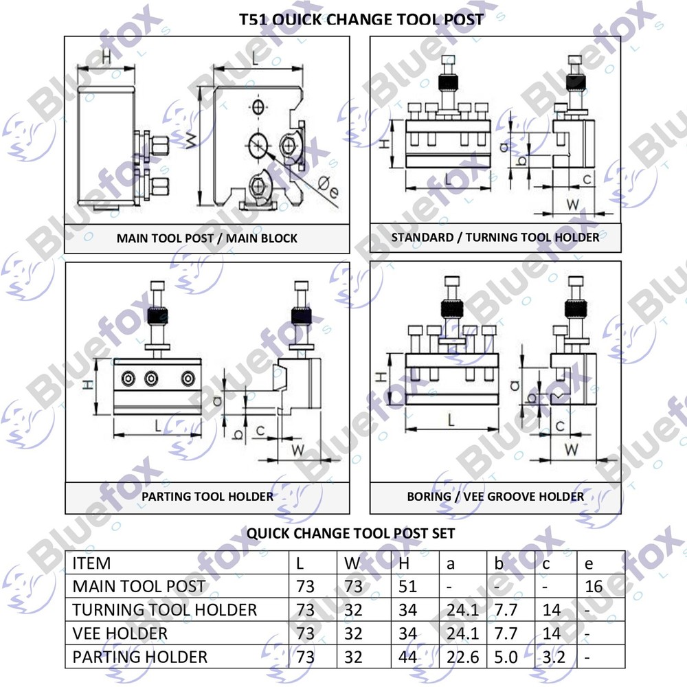 5 PIECES SET T51 QUICK CHANGE TOOLPOST STANDARD BORING PARTING HOLDER
