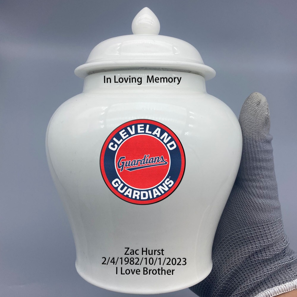 Ceramic Medium Urn for Cleveland Guardians Baseball Theme, Custom Text & Number