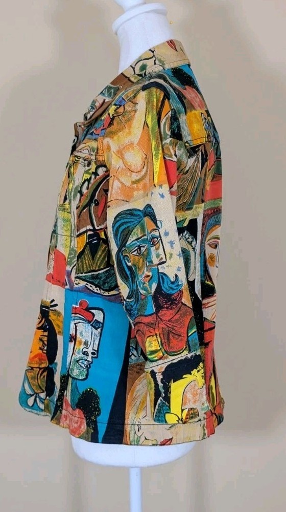 Kaktus Artsy Jacket Womens Medium 3/4 Sleeves Faces Stretch Button Front Boho