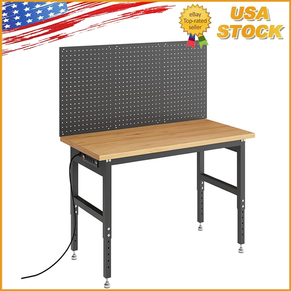 48'' Adjustable Workbench with Pegboard & Power Outlets For Garage & Workshop