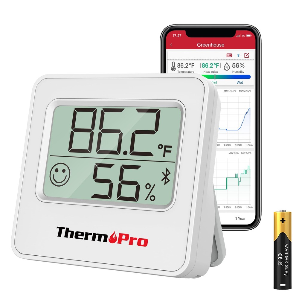 ThermoPro TP357 Digital Hygrometer Bluetooth Thermometer, Classical Silver