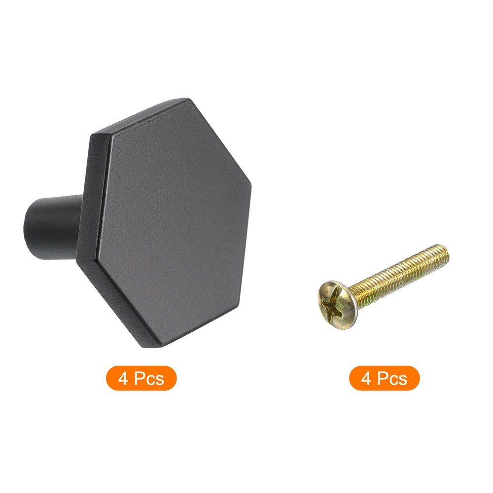 4 Pack Solid Knobs Hexagon Zinc Alloy Cabinets Knob with Screw M4 Black