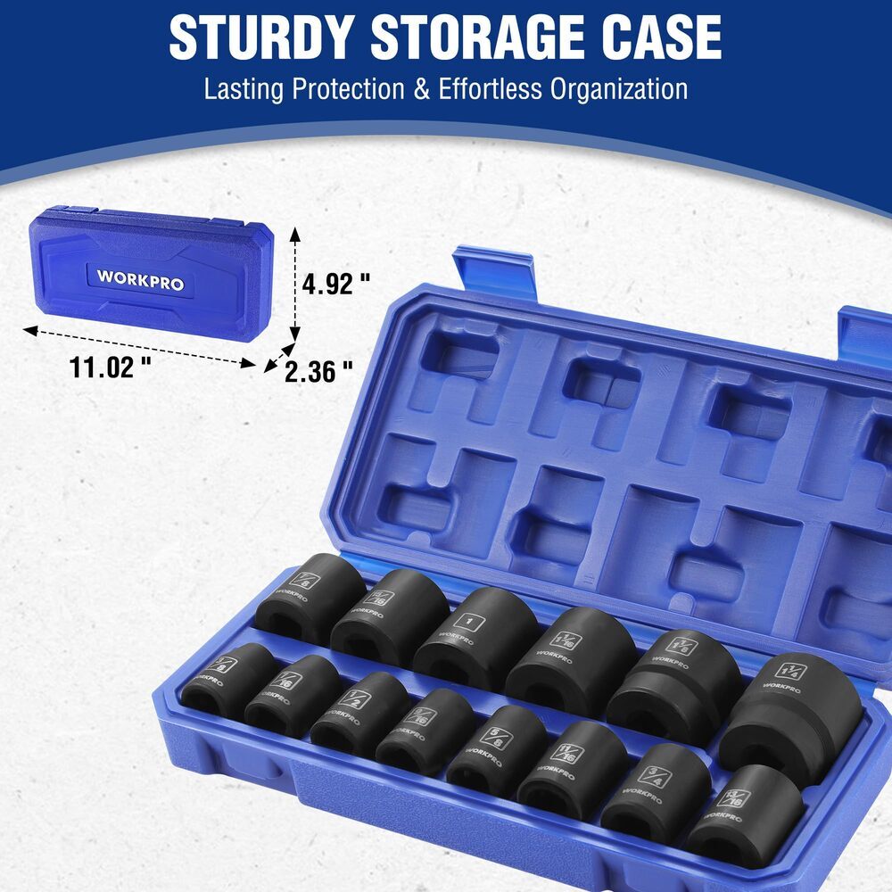 WORKPRO 14PC 1/2" Drive Shallow Impact Socket Set SAE 3/8”-1-1/4" 6-Point Socket