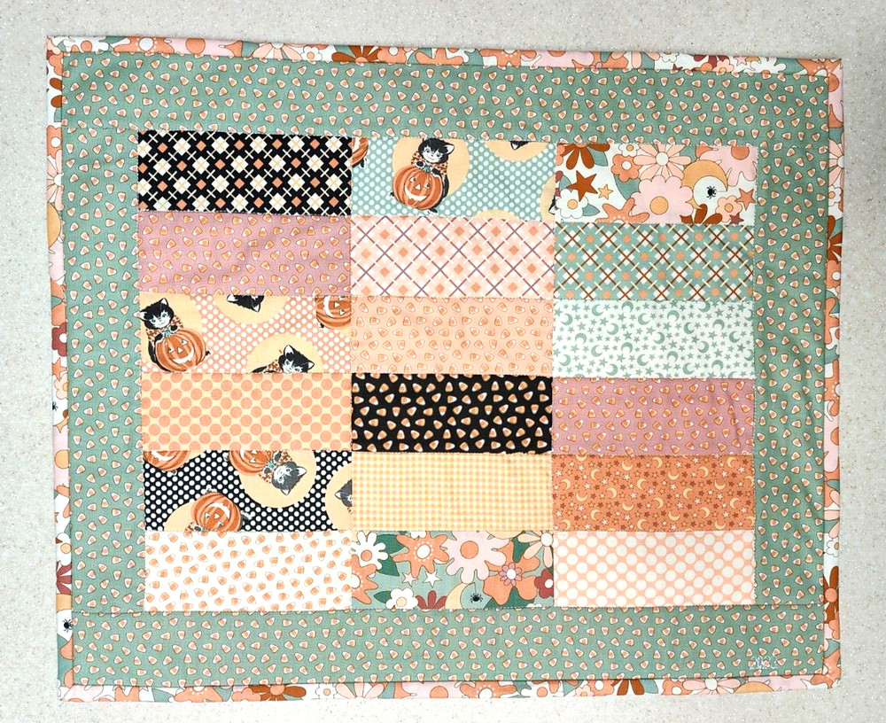 Kitty Candy Corn Fall Table Handmade & Finished Quilt  21" x 17"