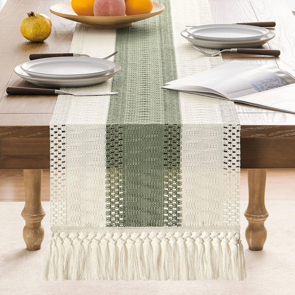 Macrame Style Bicolor Stitching Table Runner, 14 x 72 Inch Green/Ivory, Boho ...
