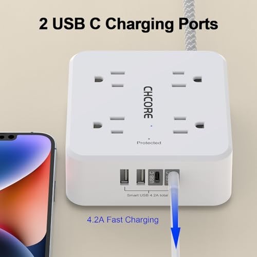 CHCORE 5Ft Braided Surge Protector Power Strip, 8 Outlets, 4 USB (2 USB-C)
