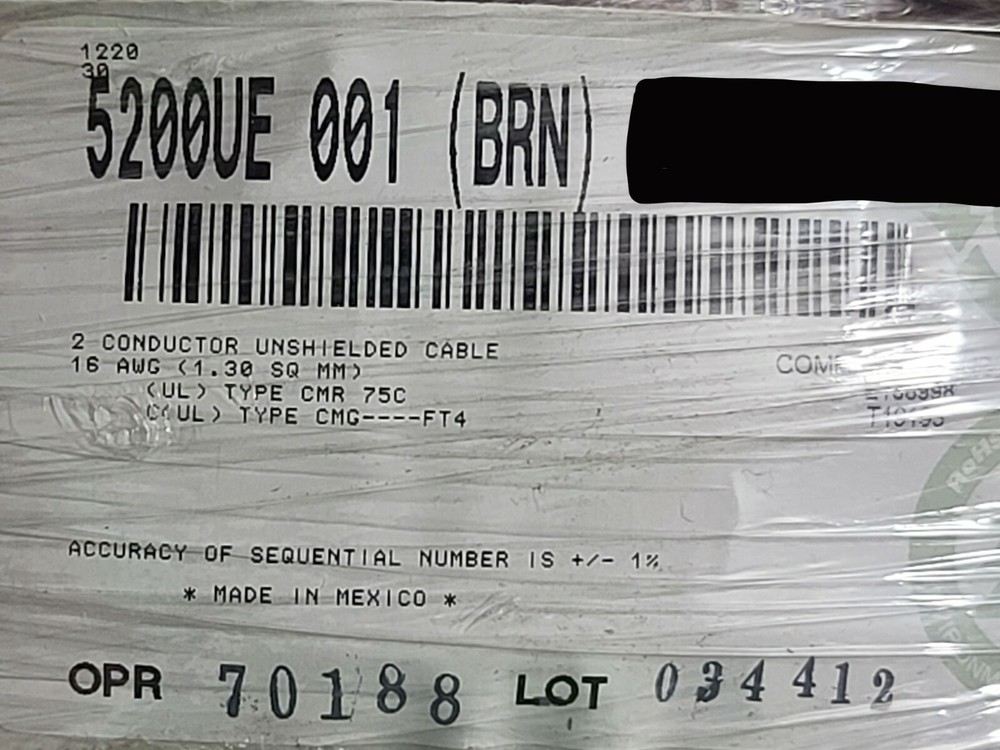 Belden Wire 5200UE 16/2C Media Control/Speaker/Audio Cable Riser Brown /100ft