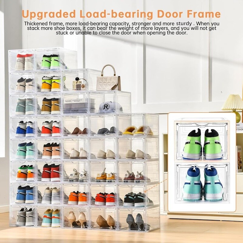 Clear Plastic Shoe Storage Box 8 Pack Stackable Organizer W/ Drop Front Design