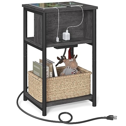 Side Table with Charging Station, 3-Tier End Table with USB Misty Gray + Black