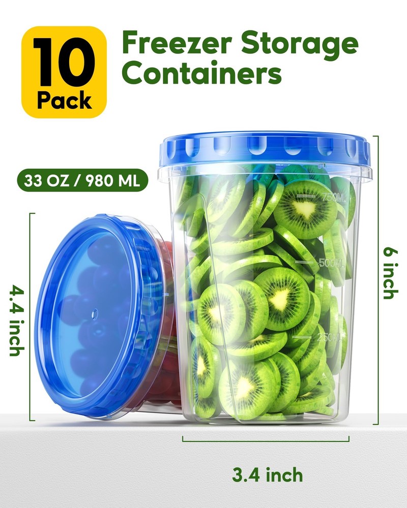 Canfanni 10 Pack-33oz Freezer Storage Containers Set, Plastic Large, 10Pack