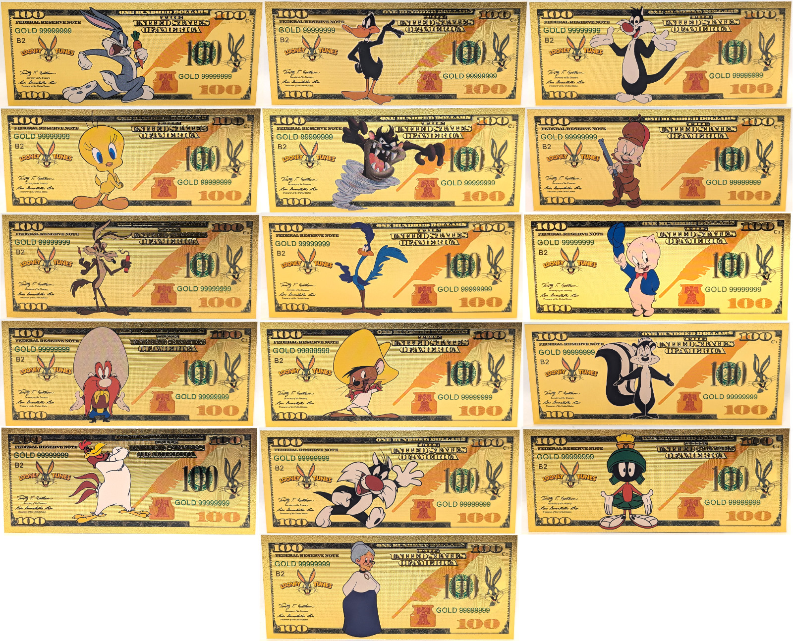 Looney Tunes Bugs Tweety Daffy Taz $100 Dollars 24K Gold Plated Bills Notes XS21
