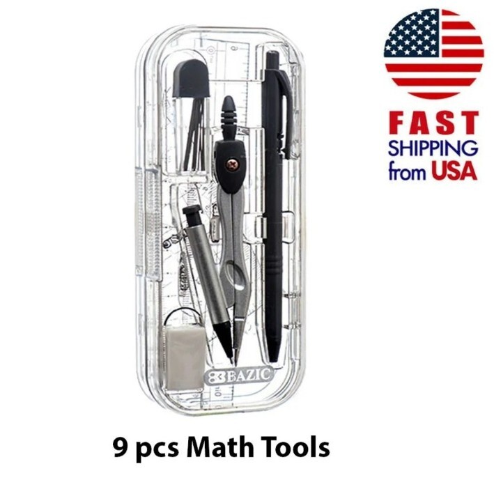 9 Piece Math Tool Sets, Rulers, Protractor, Mechanical Pencil, Compass