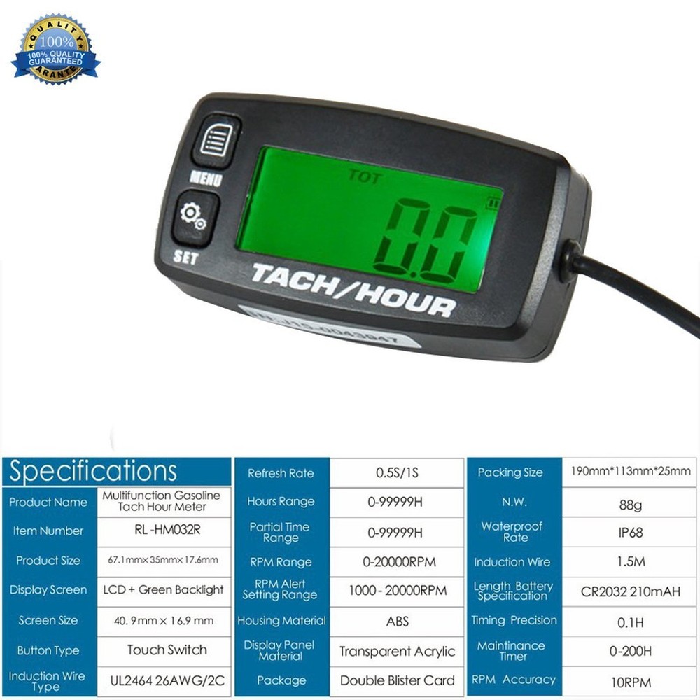 Engine Hour Meter Inductive Tachometer Backlit Gauge Digital Resettable Tach ...