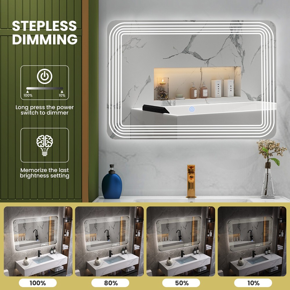 Rectangle Bathroom LED Mirror Wall Mounted 3-Color Dimmable Touch Switch Makeup