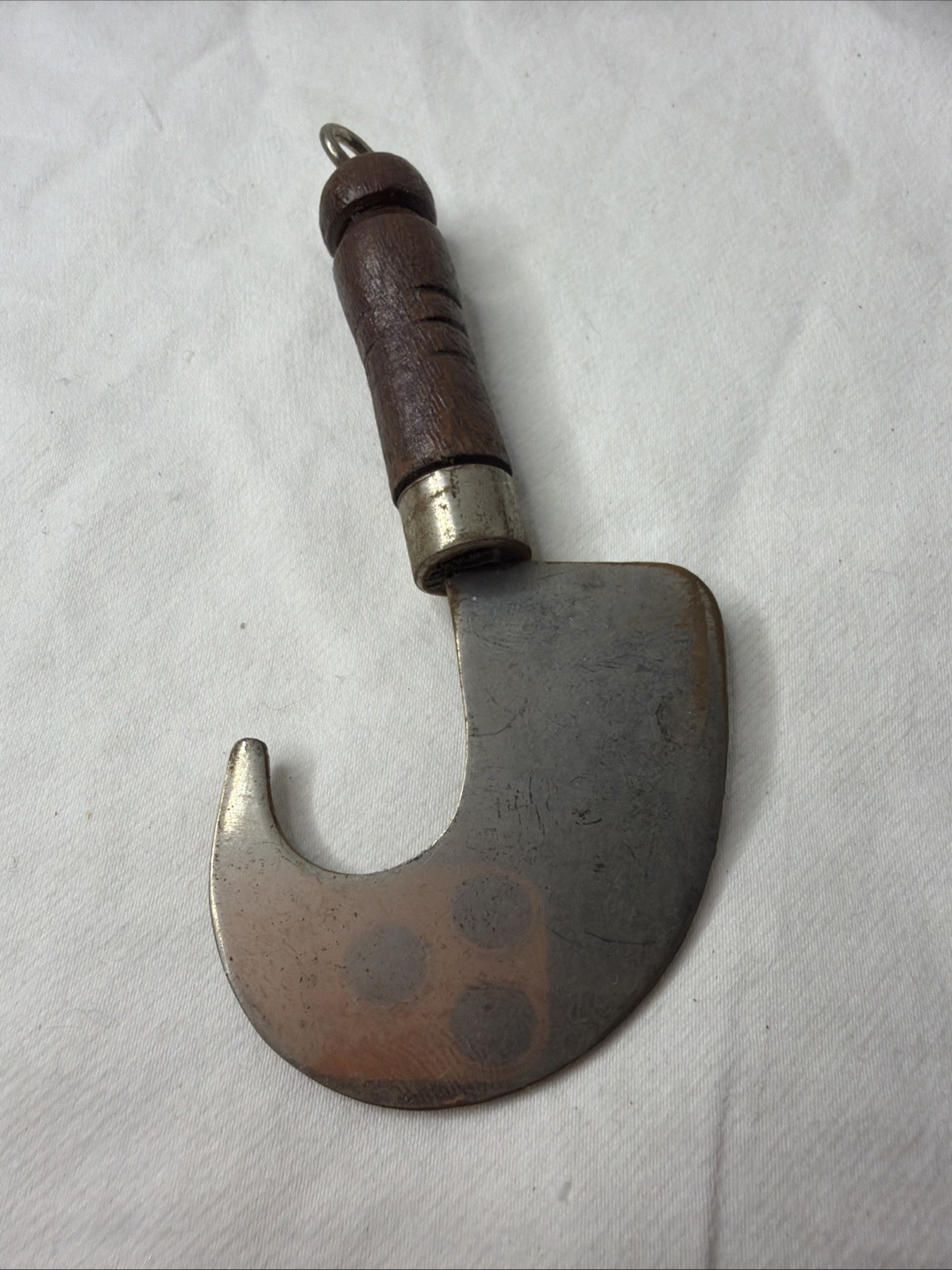 Antique Billhook Knife Wood Handle Leather Pruning Carpet Making Tool 4”