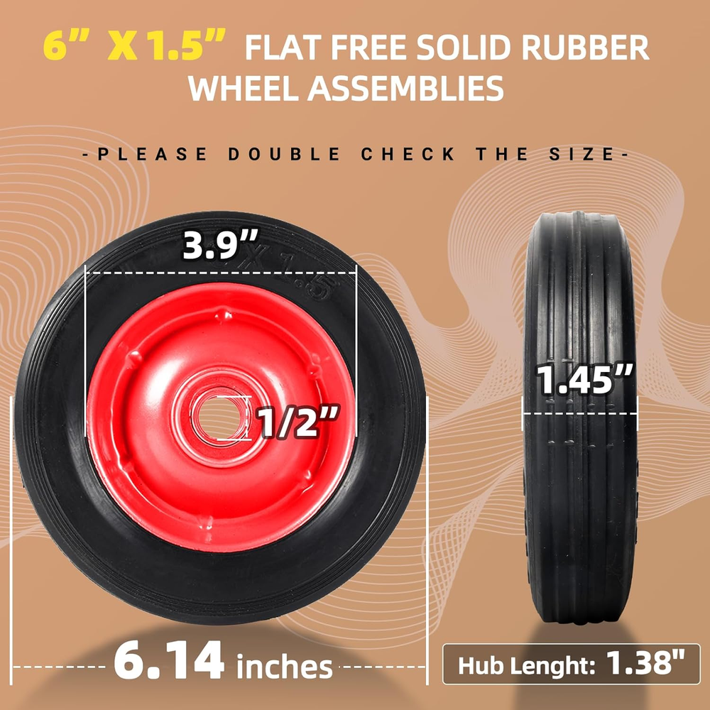 (2-Pack) 6” X 1.5” Flat Free Solid Rubber Wheel Assemblies - Replacement Hand T