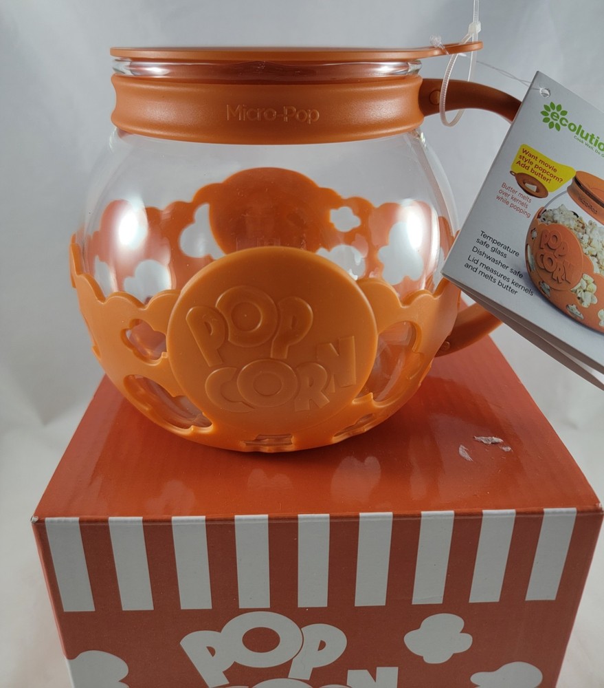 NEW Orange Ecolution Micro-Pop Microwave Popcorn Popper Temperature Safe Glass