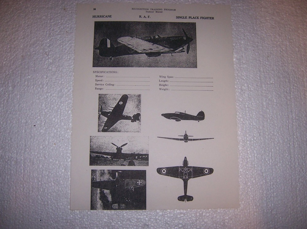 ARMY AIR CORP PLANE RECOGNITION TRAINING PROGRAM- HURRICANE - COPY CAB-B2